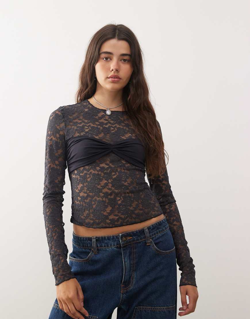 Midnight long sleeve sheer lace top in black