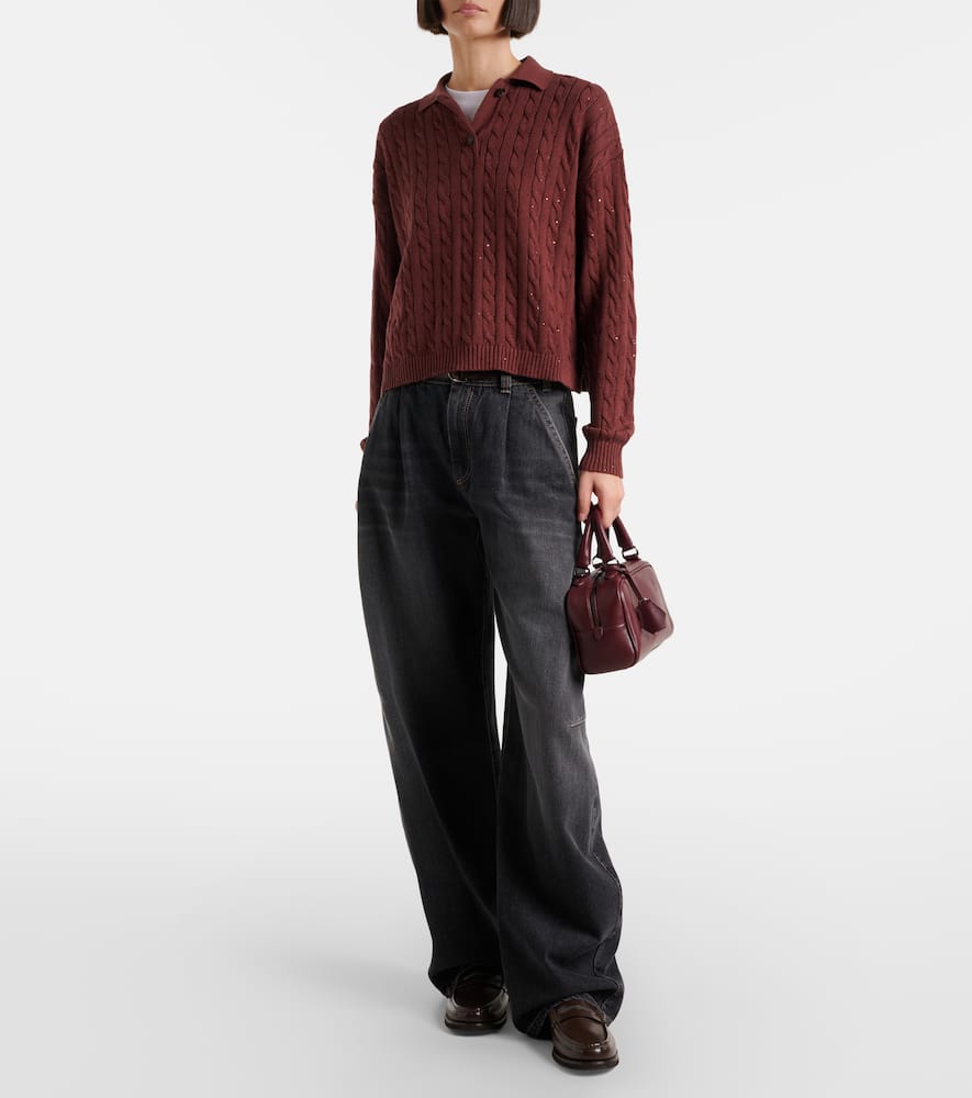 Cable-knit cotton-blend polo sweater