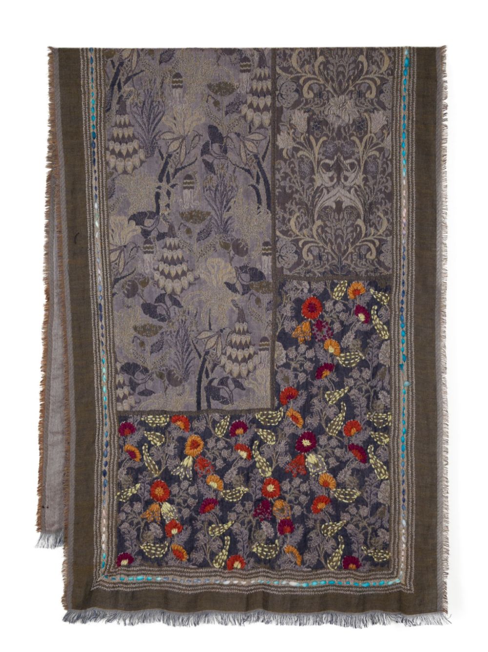 Floral-embroidered scarf - Blue