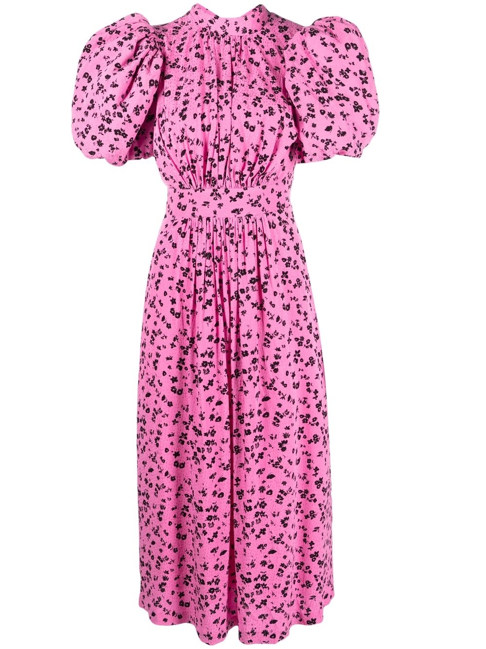 Jacquard puff-sleeve midi dress - Pink