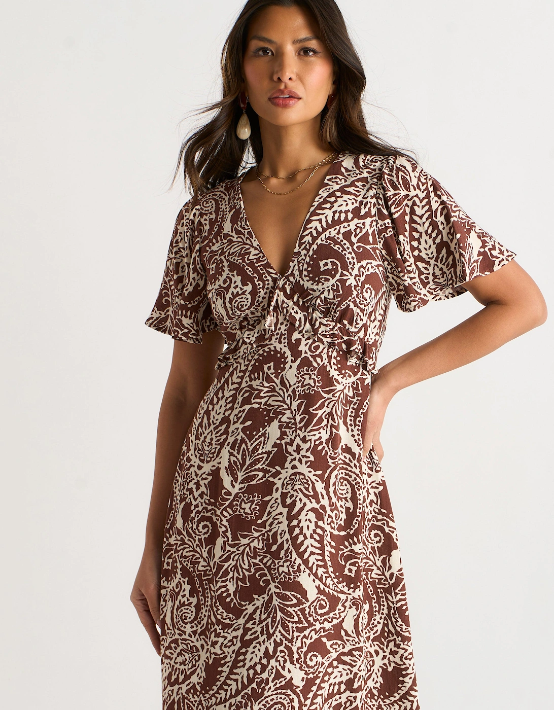 Gini London Women's Chocolate Paisley Print Ruffle Midi Dre