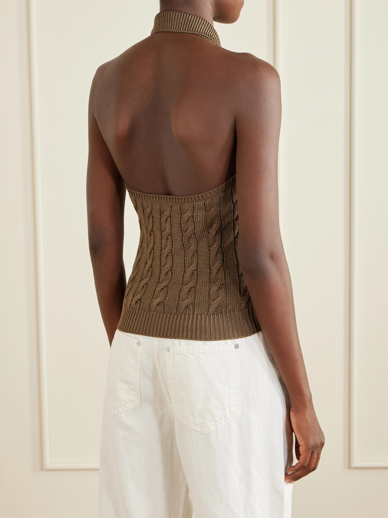 Cable-knit Halterneck Stretch-silk Polo - Brown