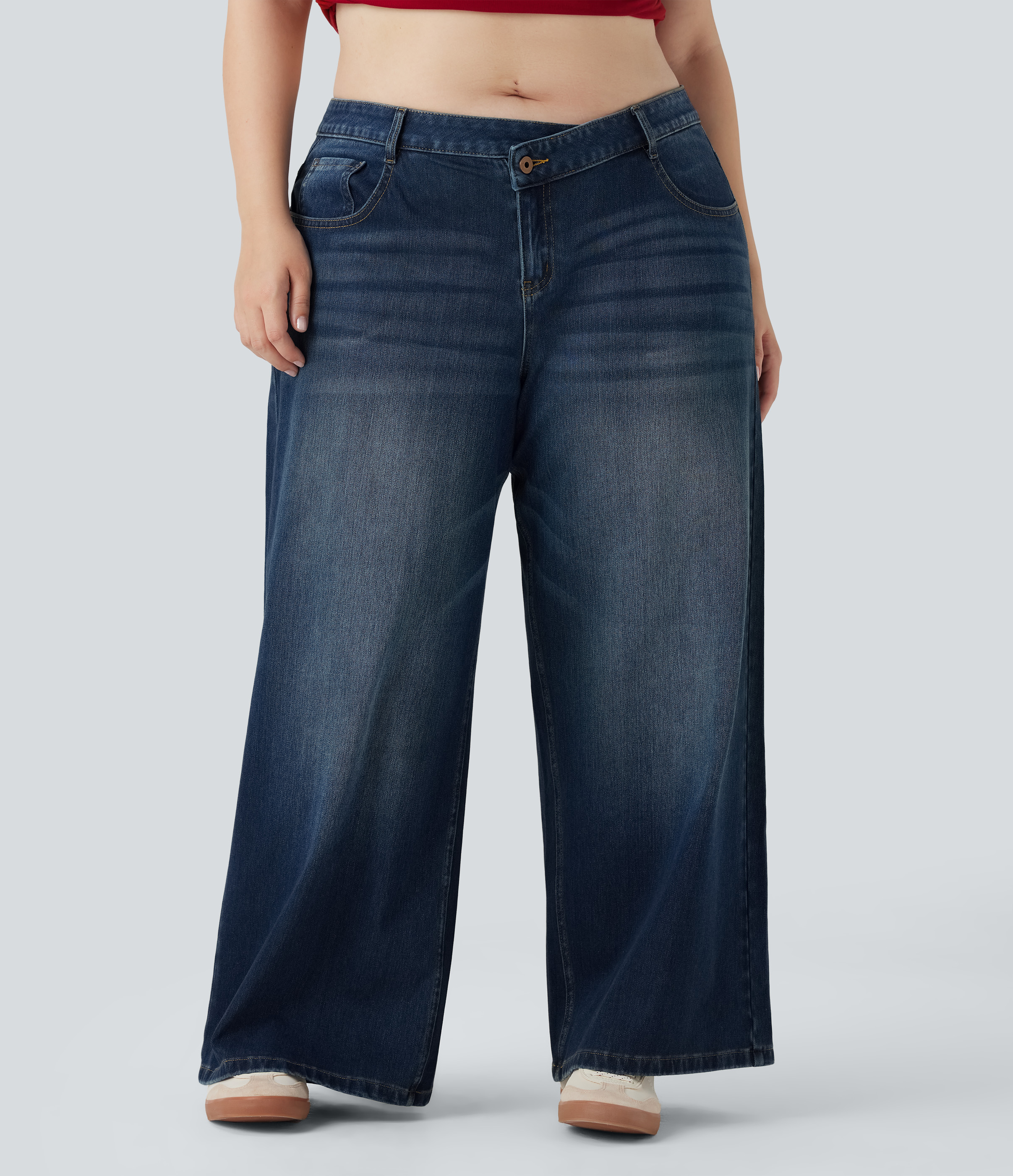 Plus Size Flex™ Asymmetric Low Rise Wide Leg Washed Casual Jeans with Pockets  - Paint Blue Denim