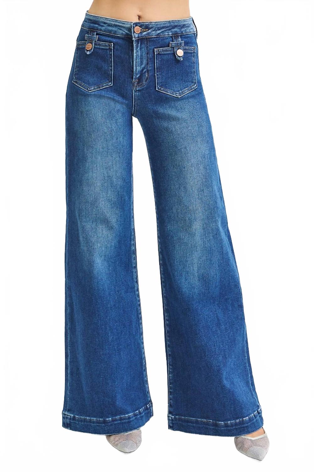 Mid Rise Fit Wide Leg Jeans With Front Patch Pocket In Dark Wash