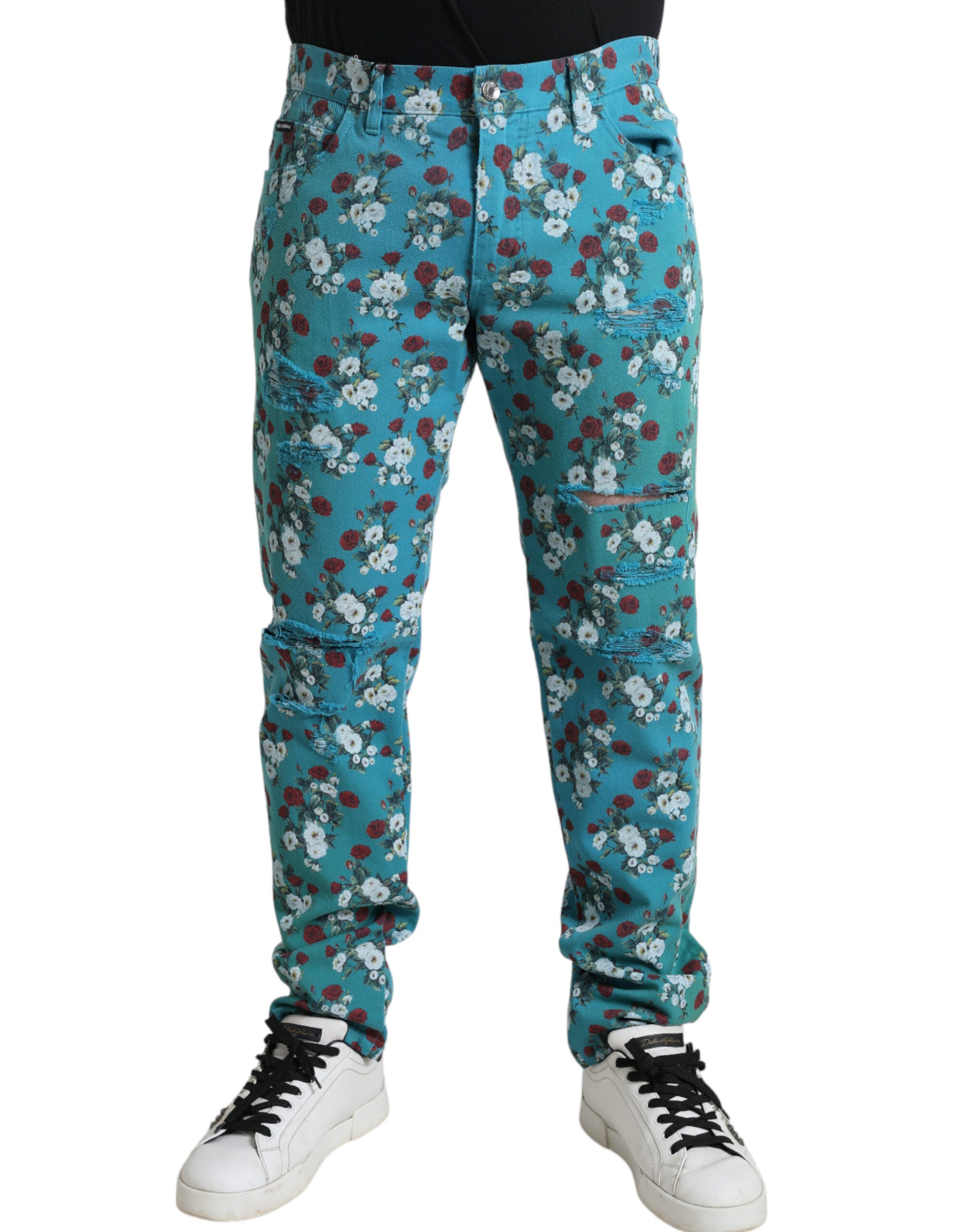 Floral-Print Denim Jeans — Blue