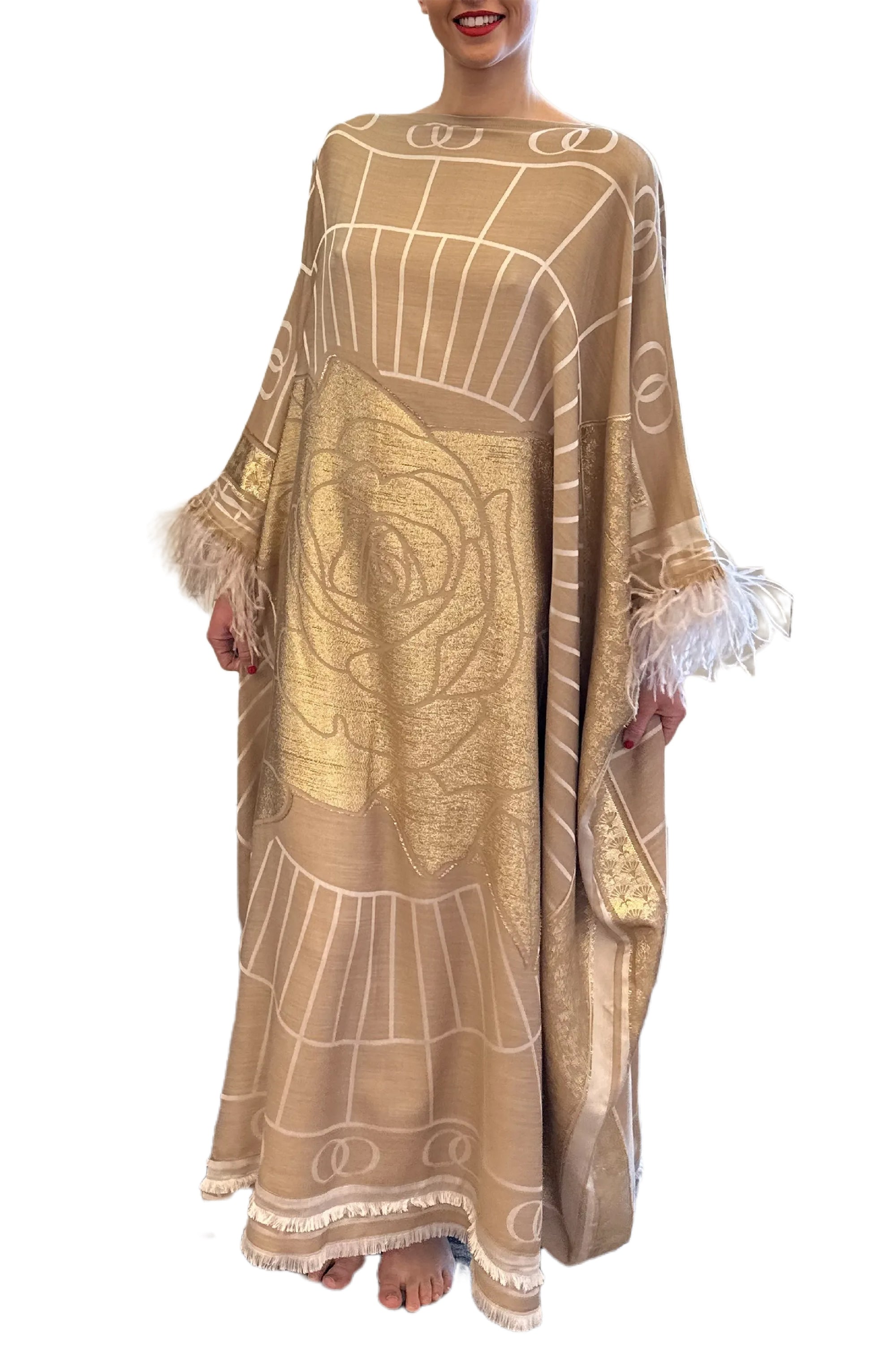 LEILA SILK JACQUARD CAFTAN IN BEIGE
