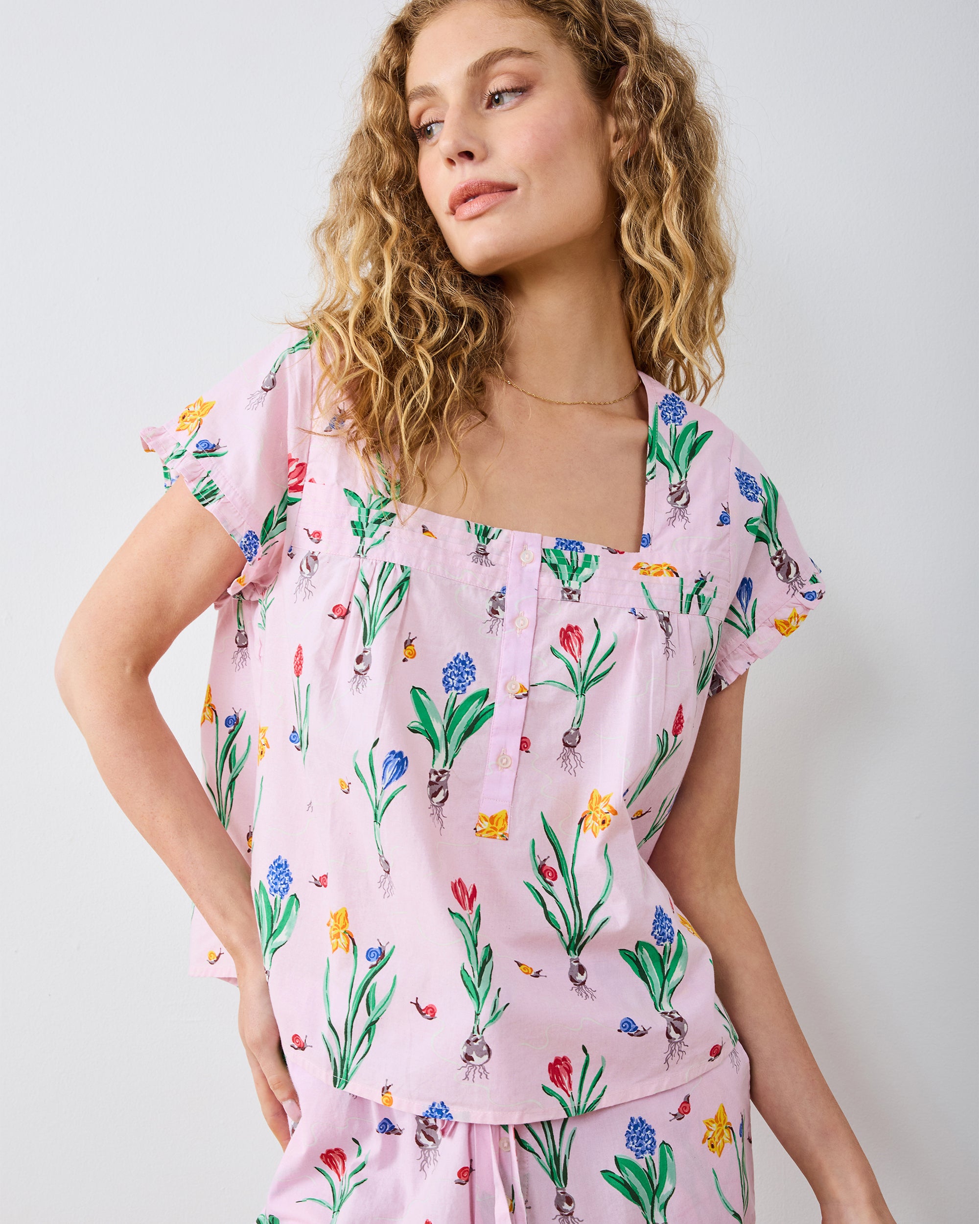 Organic Cotton Short-Sleeve Pajama Pants Set in Tulip Trail | Women's XXS | Pink Spring | Sleepwear