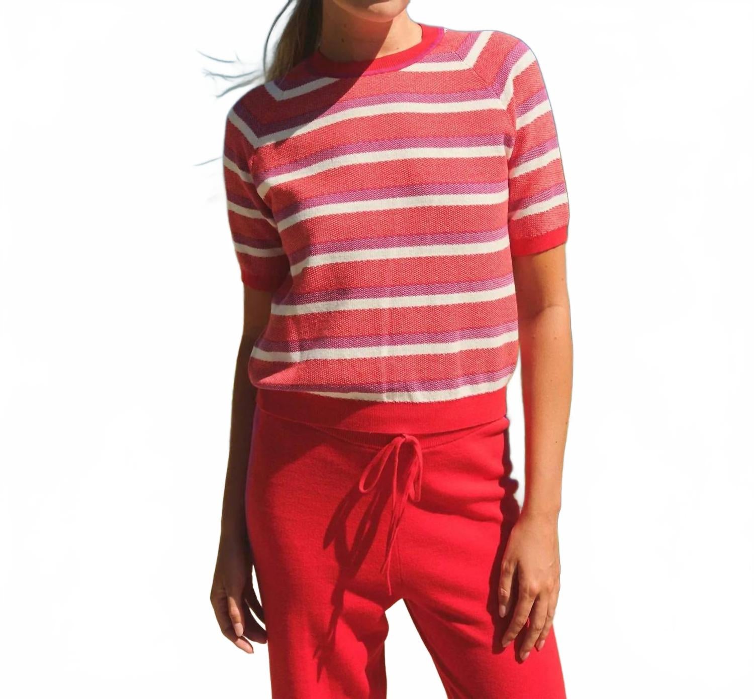 Crew Neck Stripe Raglan Sweater In Vermillion