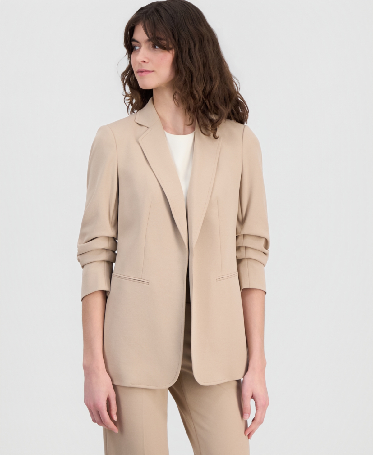 Women's Stretch Crepe Scrunch-Sleeve Open-Front Blazer - Latte