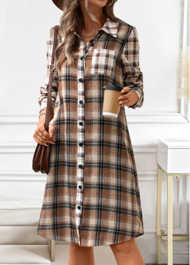 Modlily Dark Coffee Button Plaid A Line Long Sleeve Dre