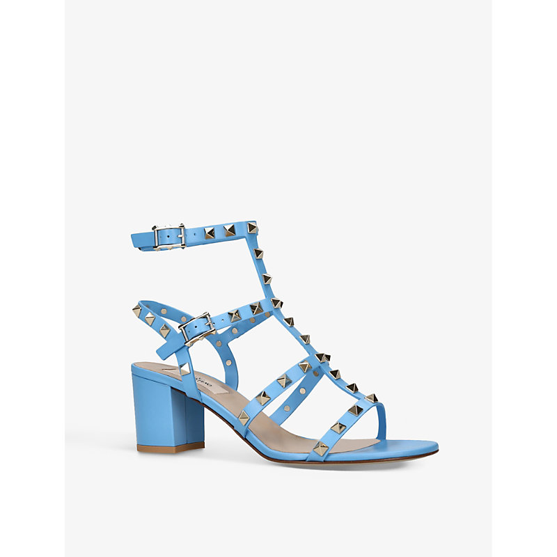Womens Blue Rockstud Leather Heeled Sandals