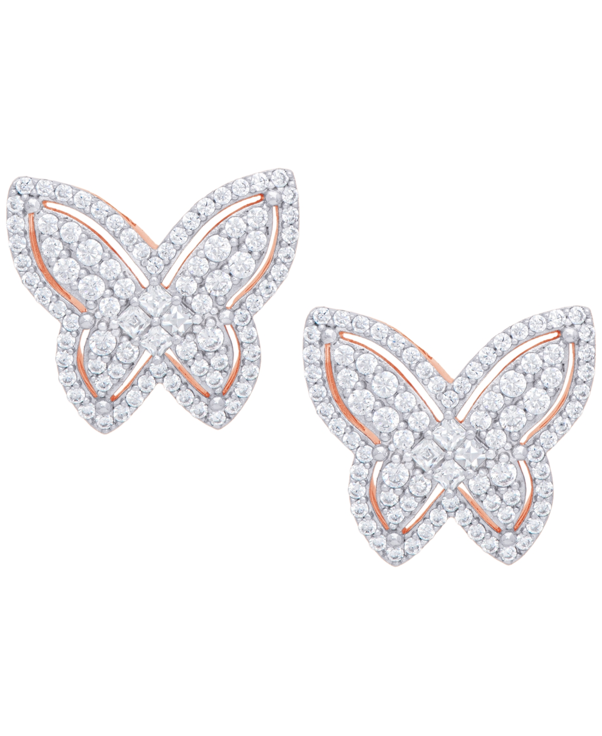 Cubic Zirconia Butterfly Stud Earrings in Fine Rose Gold Plate or Fine Silver Plate - Rose Gold Plated