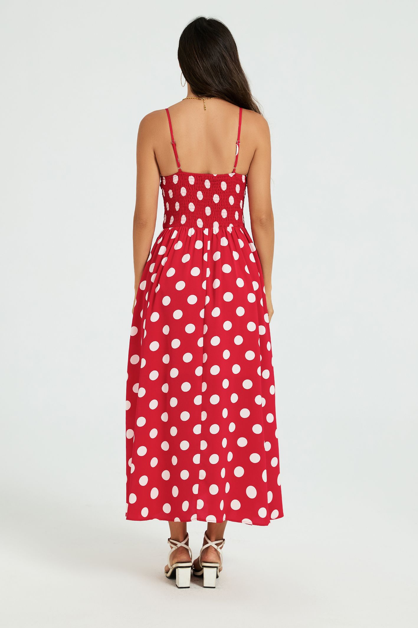 FS Collection Women's Polka Dot Twist Front Strappy Midi Dress in Red