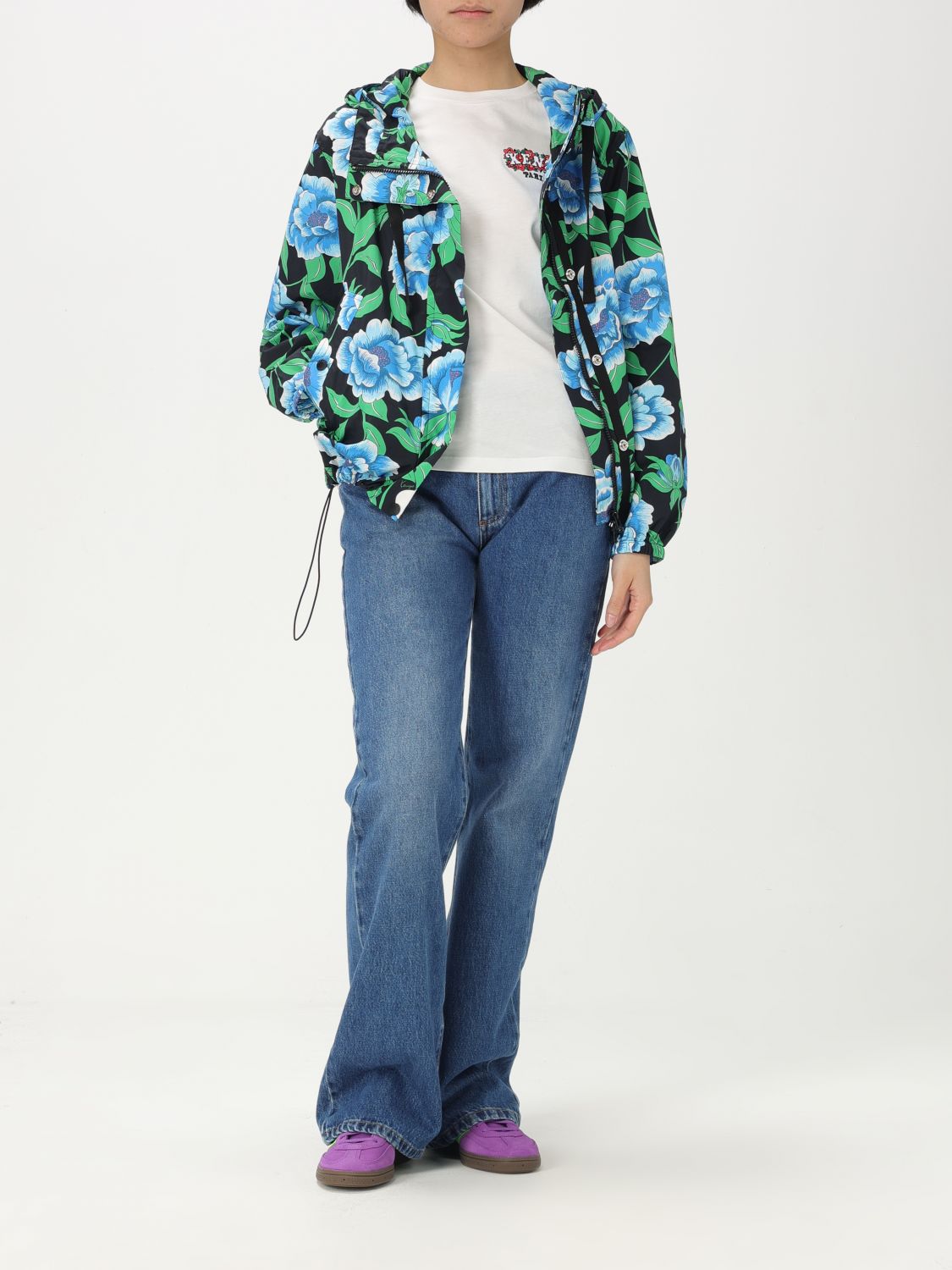 Peonies-print windbreaker - Black