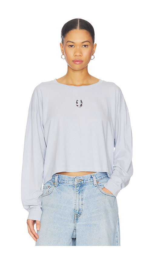DAYDREAMER Cow Pattern Horseshoe Meet & Greet Long Sleeve Top in Light Dusk. S also in XS, M