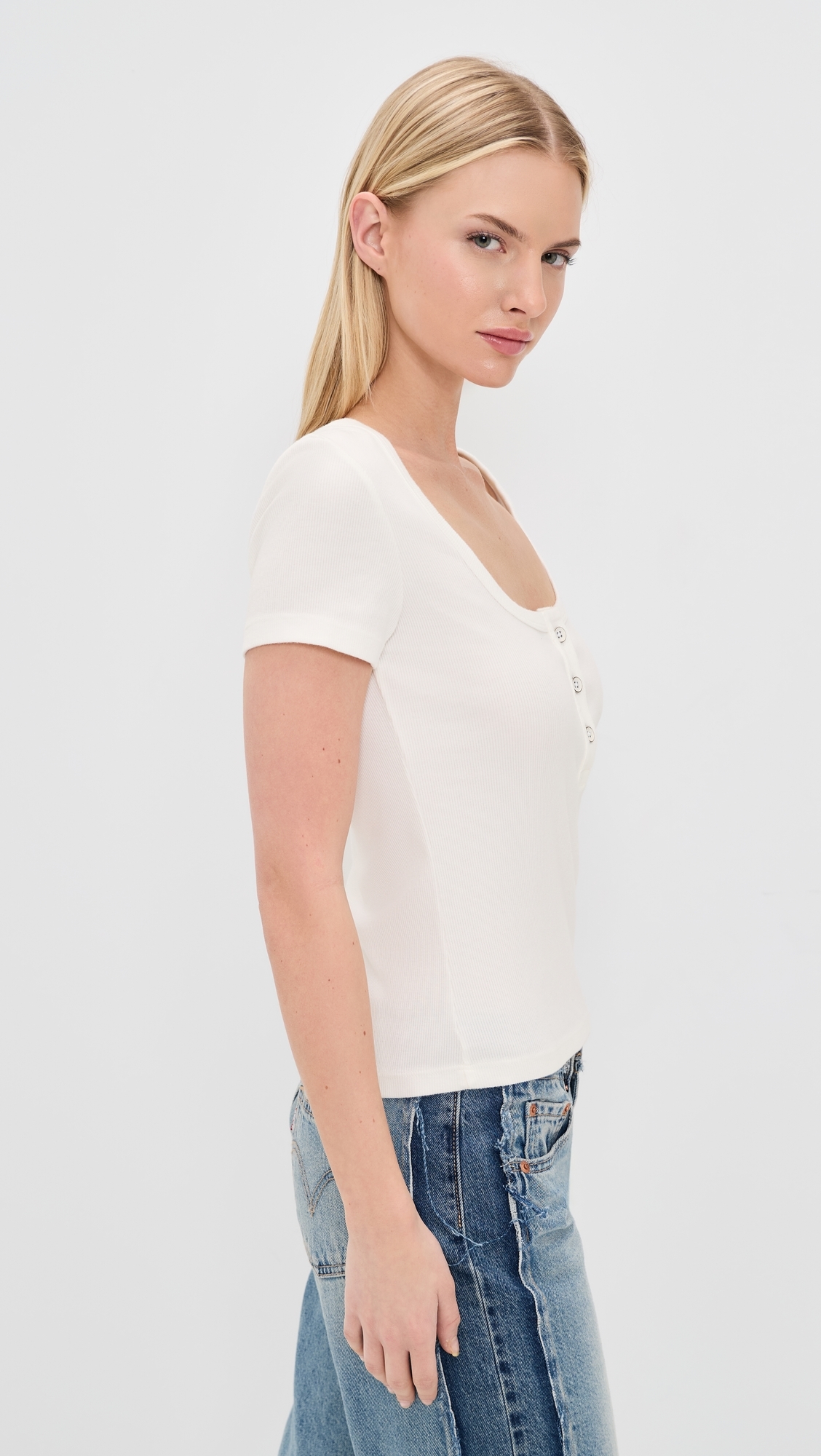 Scoop Neck Henley Tee 100 Ivory
