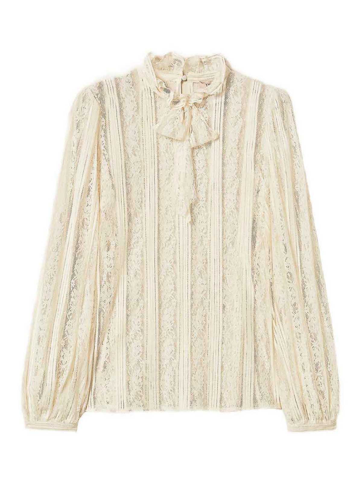 White Long-sleeved Shirt With Lace Design And Bow On The Neck In Cotton Blend Woman