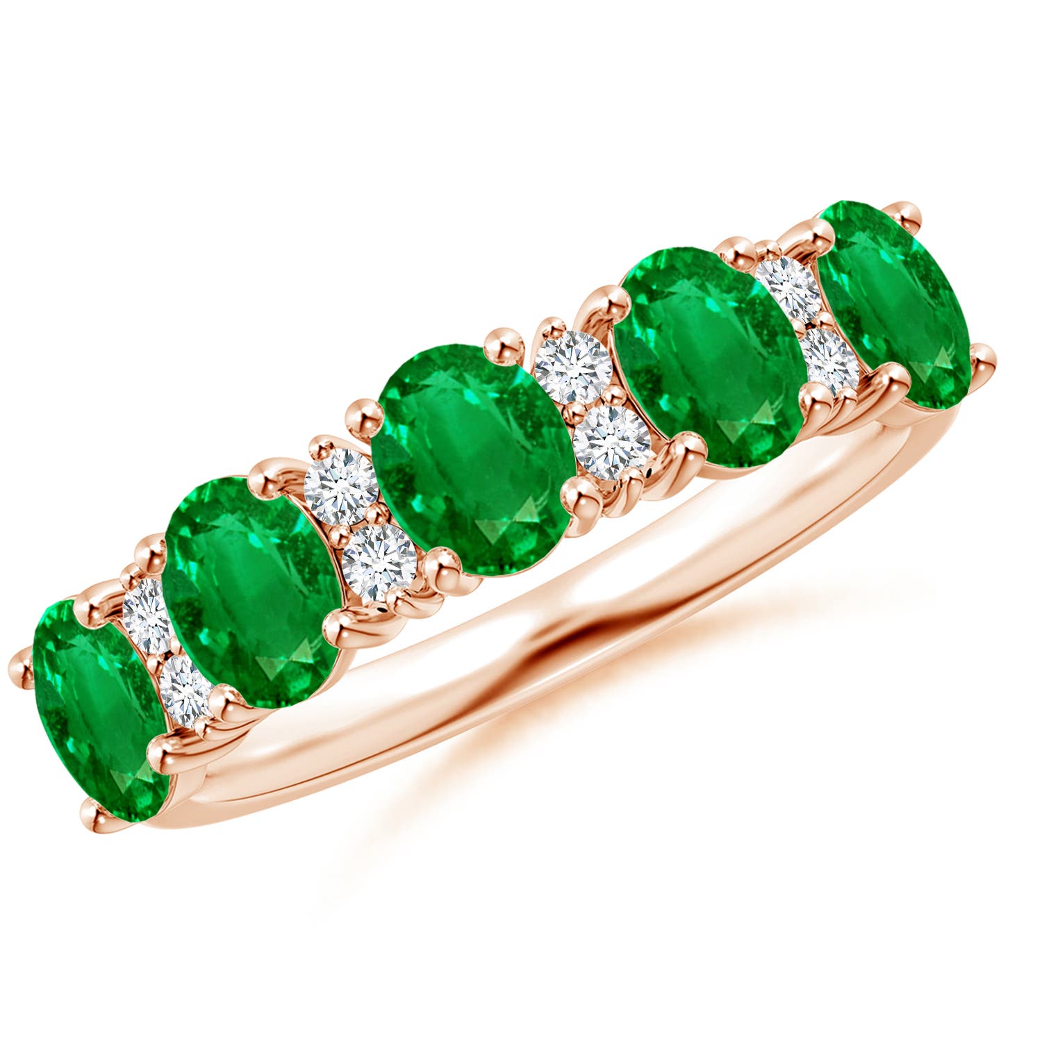 Angara 1.5 Carats Five Stone Emerald and Diamond Wedding Ring in 18K Rose Gold