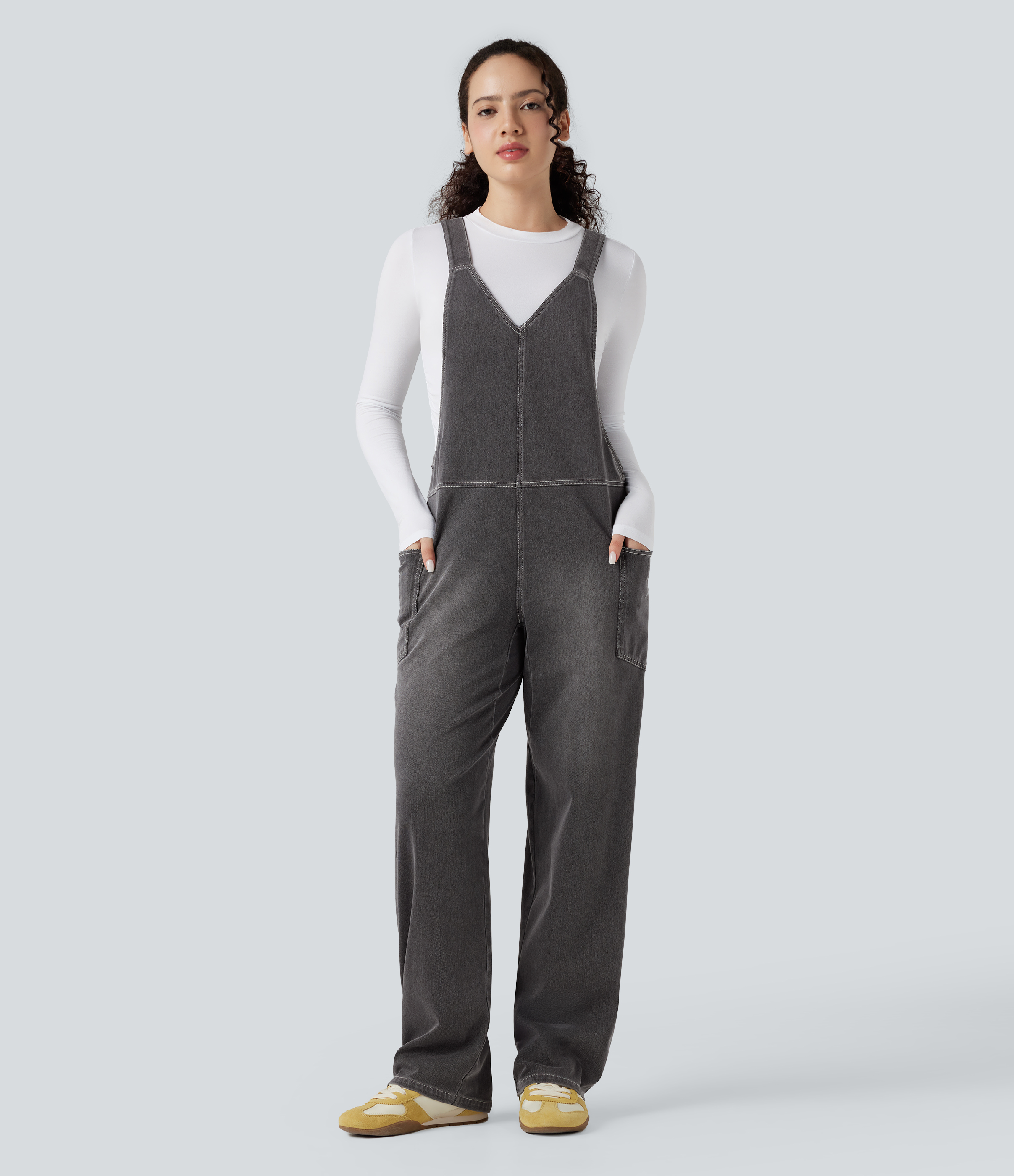 Flex™ V Neck Pocket Washed Denim Casual Overalls  - Cool Gray Denim