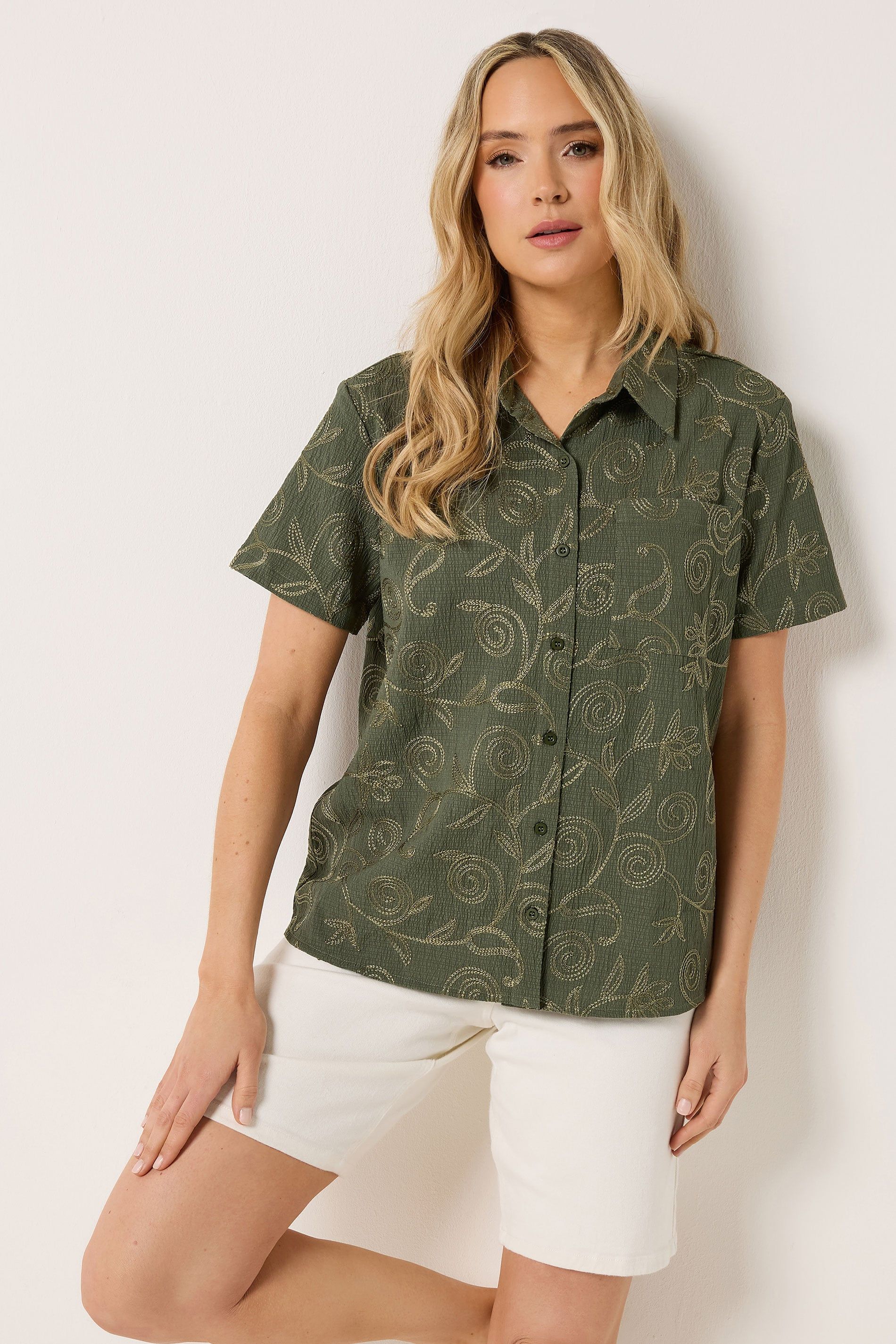 Long Tall Sally Women's Tall Floral Embroidered Shirt in Olive