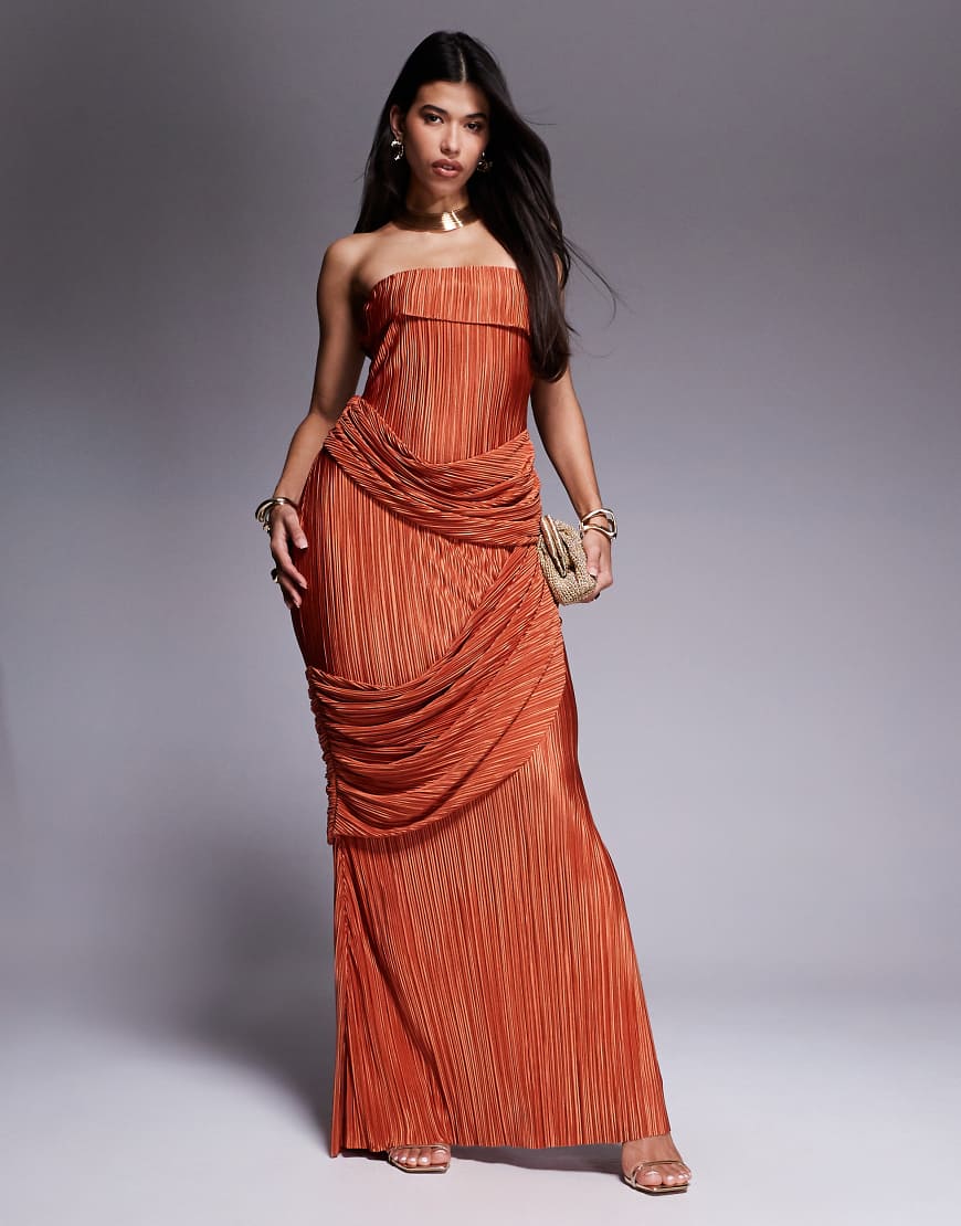 Premium plisse bandeau maxi dress with draped panels in rust-Orange