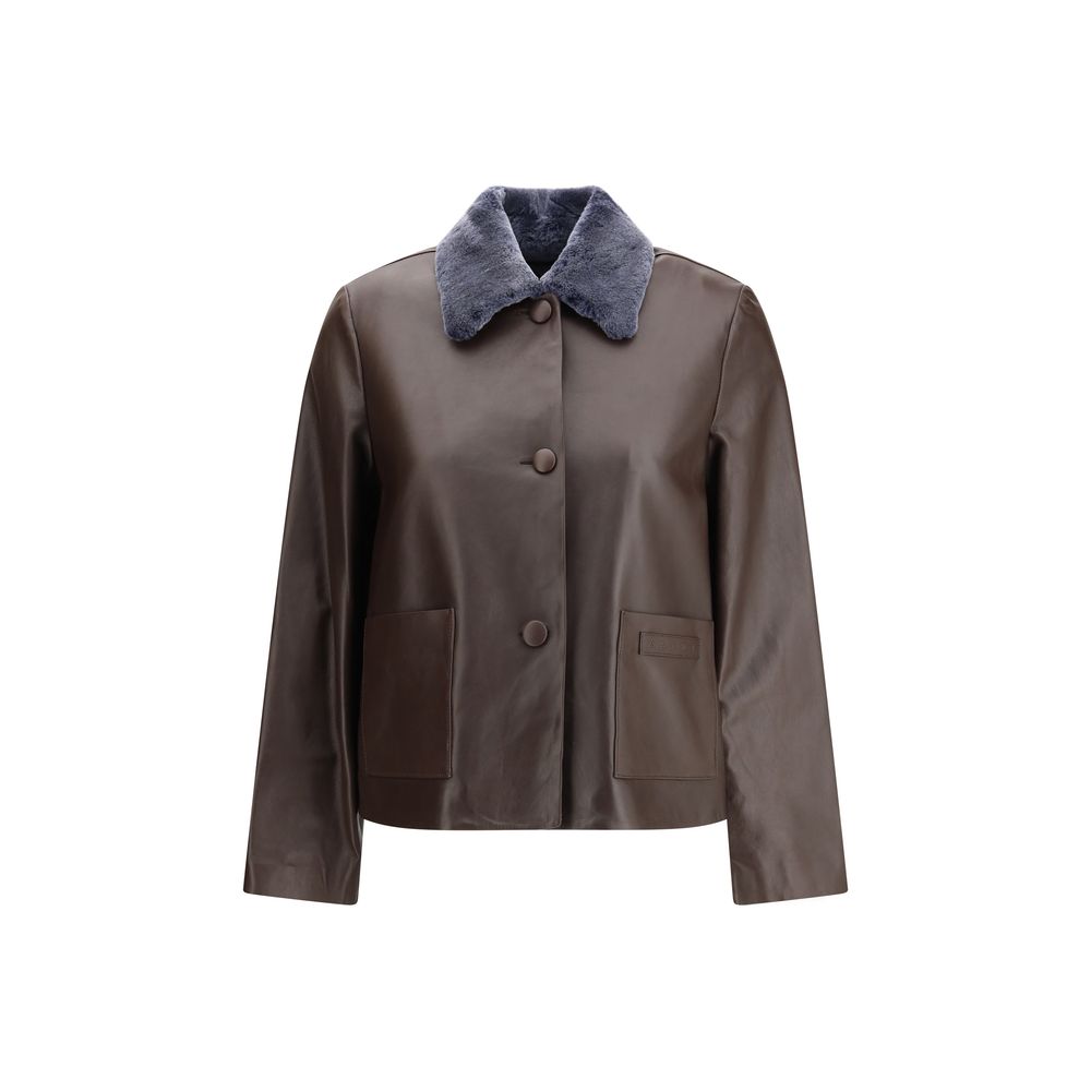 Shearling-Collar Leather Jacket — Brown