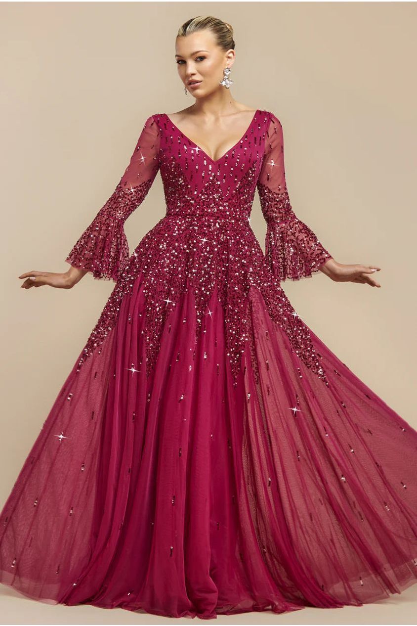 Goddiva Sunray Hand Embellished Sequin A-Line Bell Sleeve Maxi Dress - Burgundy