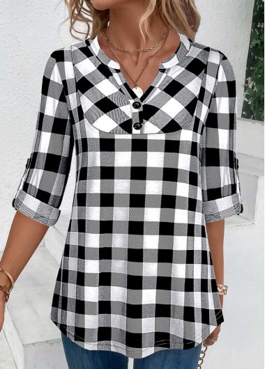 Modlily Black Button Plaid Three Quarter Length Sleeve Blouse
