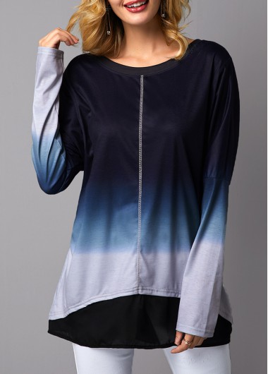 Modlily Long Sleeve Asymmetric Hem Round Neck T Shirt
