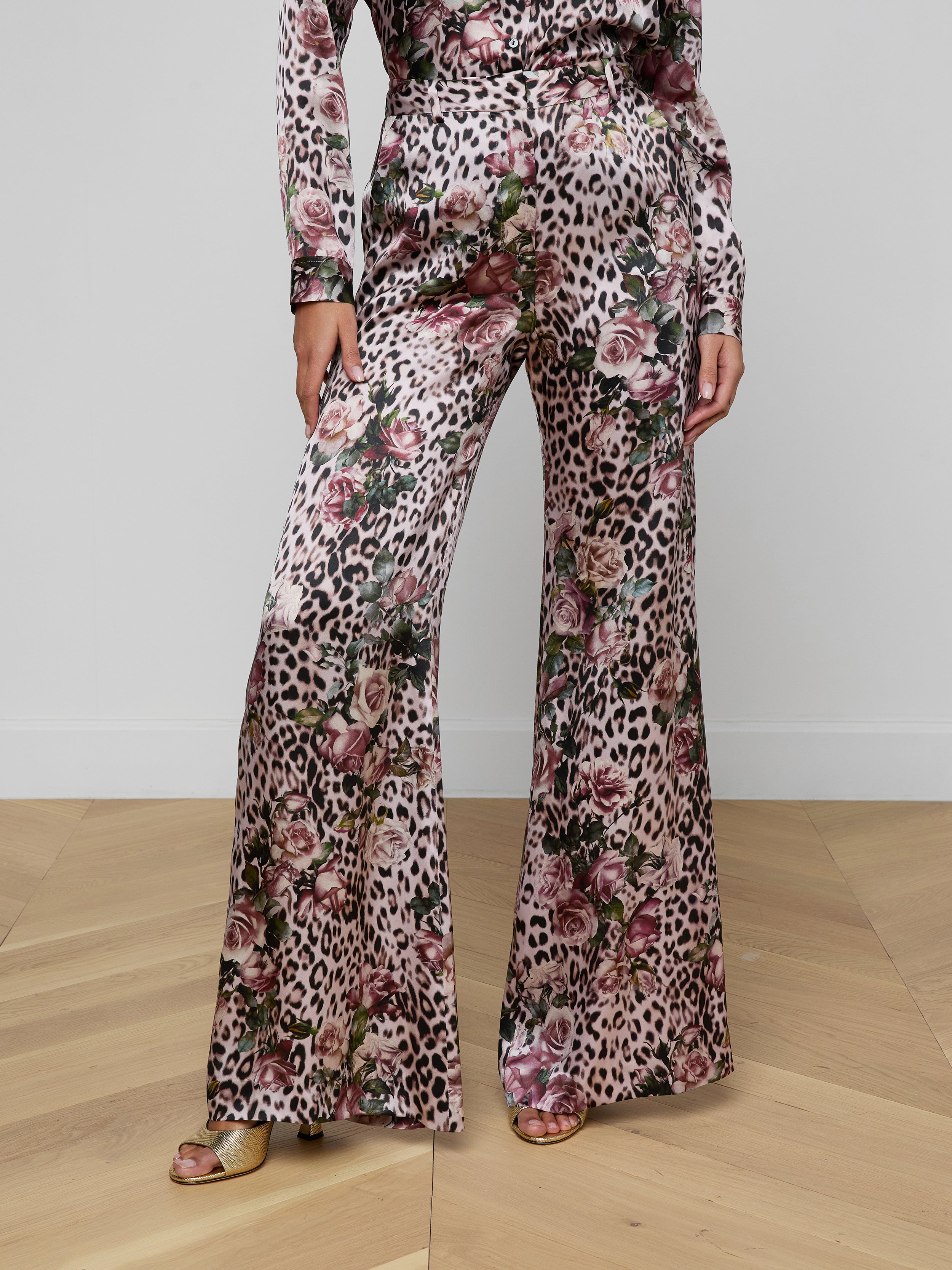 Pilar Silk Wide-Leg Pants In Multi Small Rose Cheetah