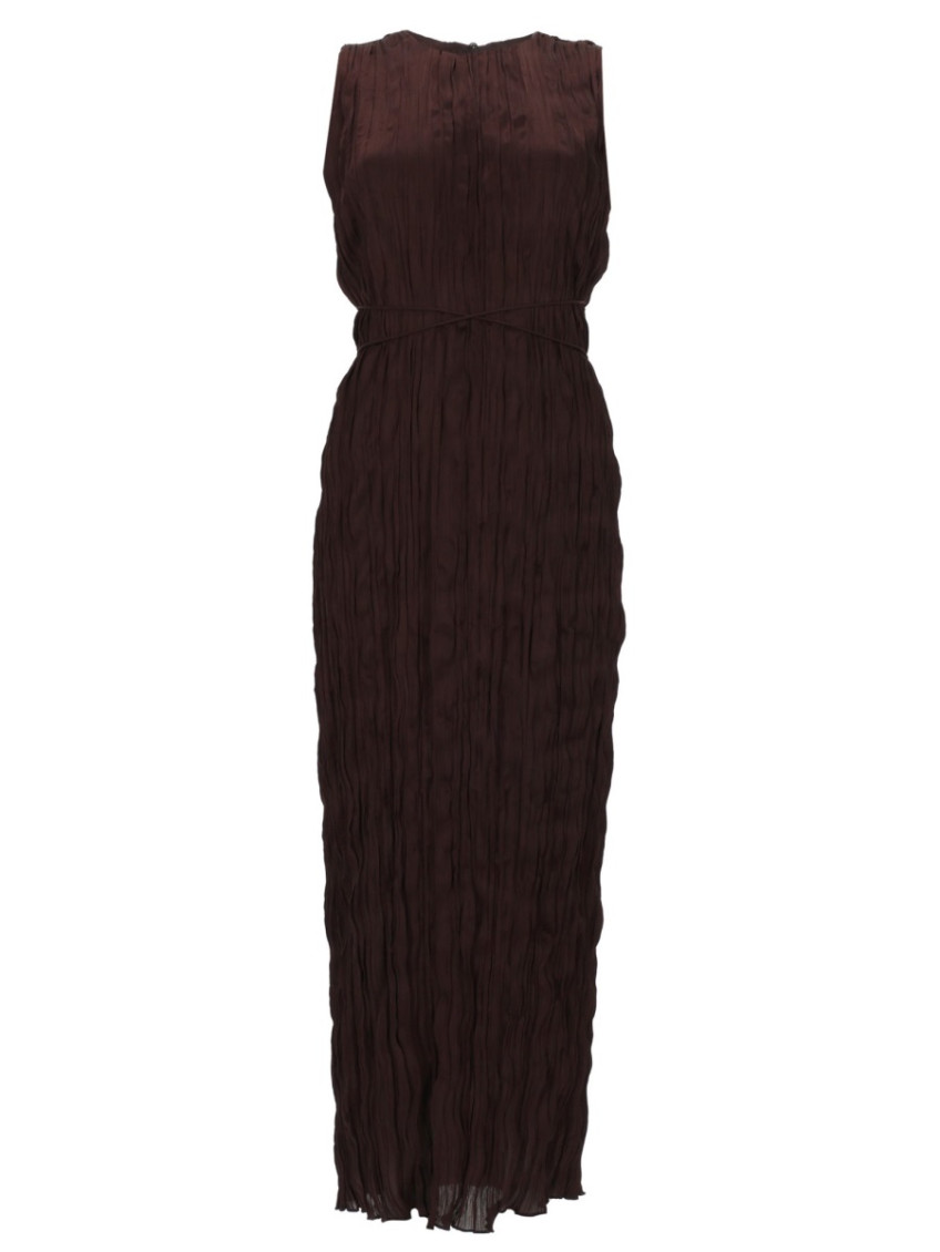 Brown Pleated Round Neck Maxi Dress