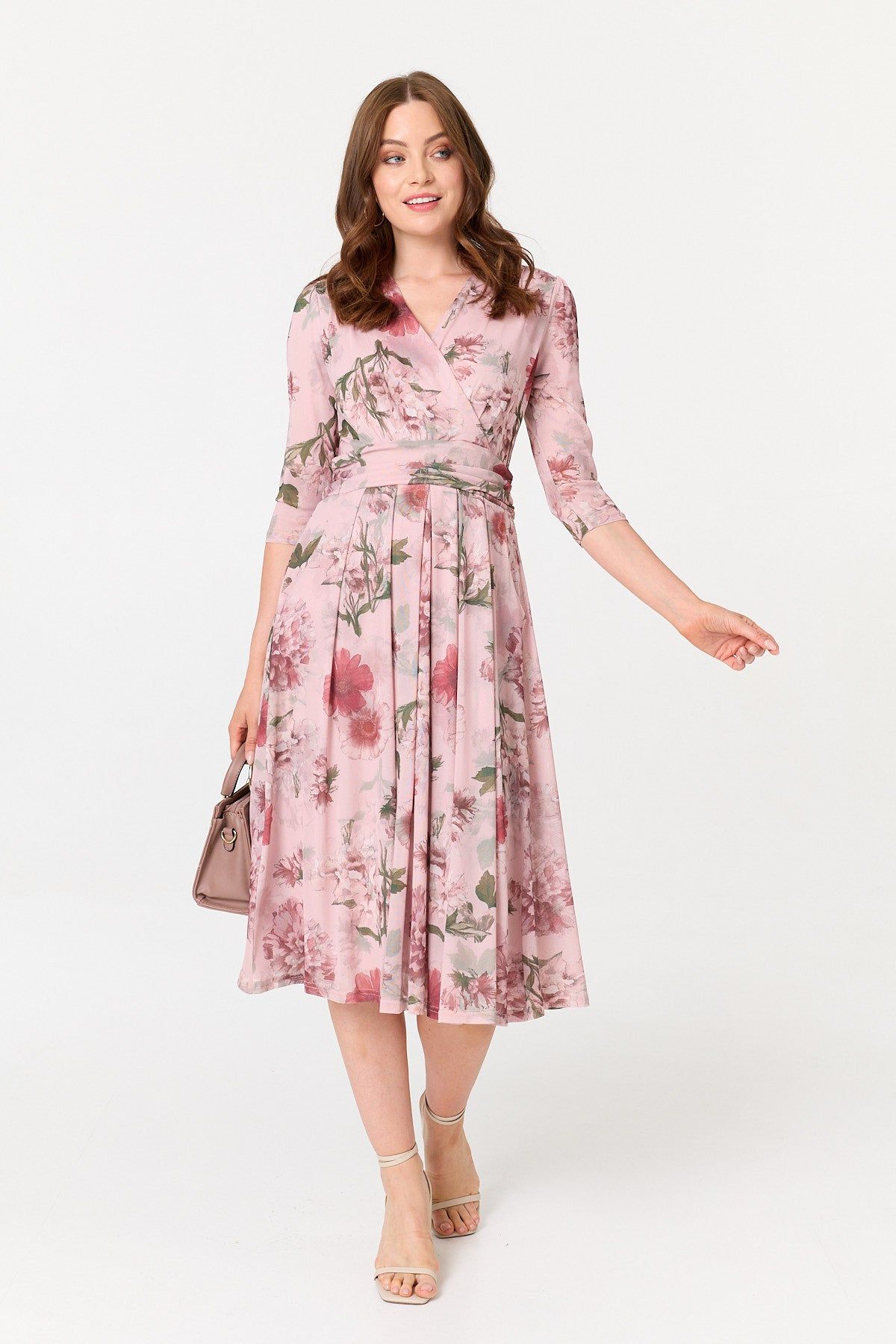 Izabel London Floral 3/4 Sleeve Wrap Front Midi Dress In Pink