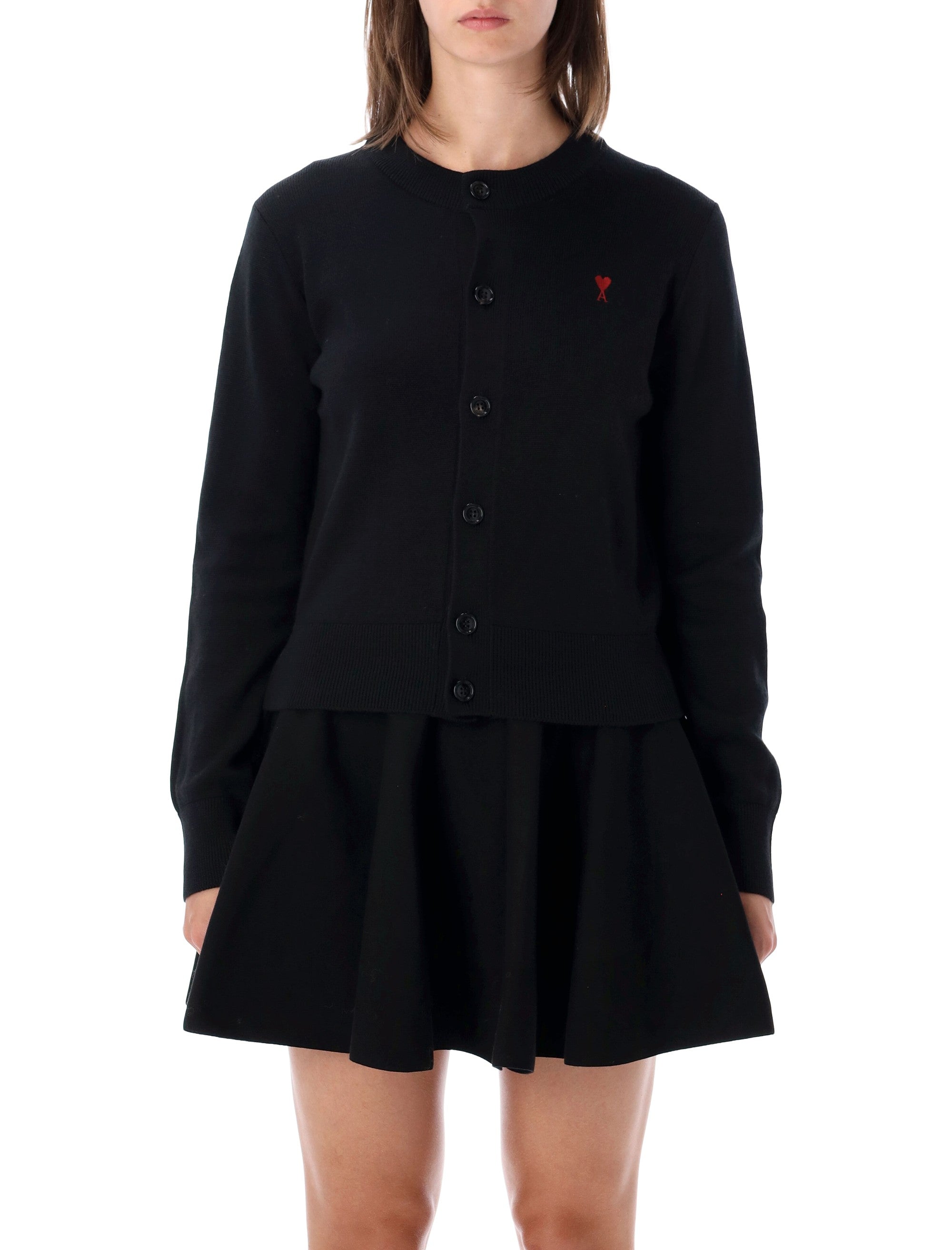 Ami of Coeur Merino Wool Cardigan with Embroidered Chest & Horn Button Detail