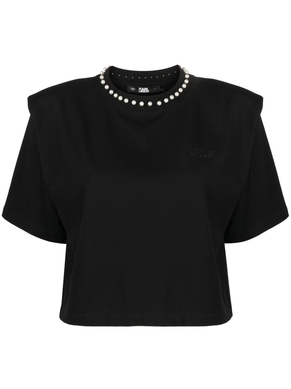 Faux-pearl embellished padded T-shirt - Black