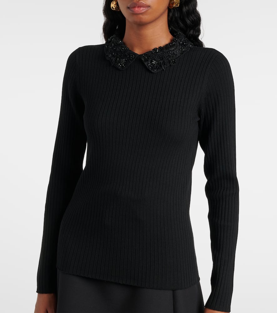 Embellished ribbed-knit wool top