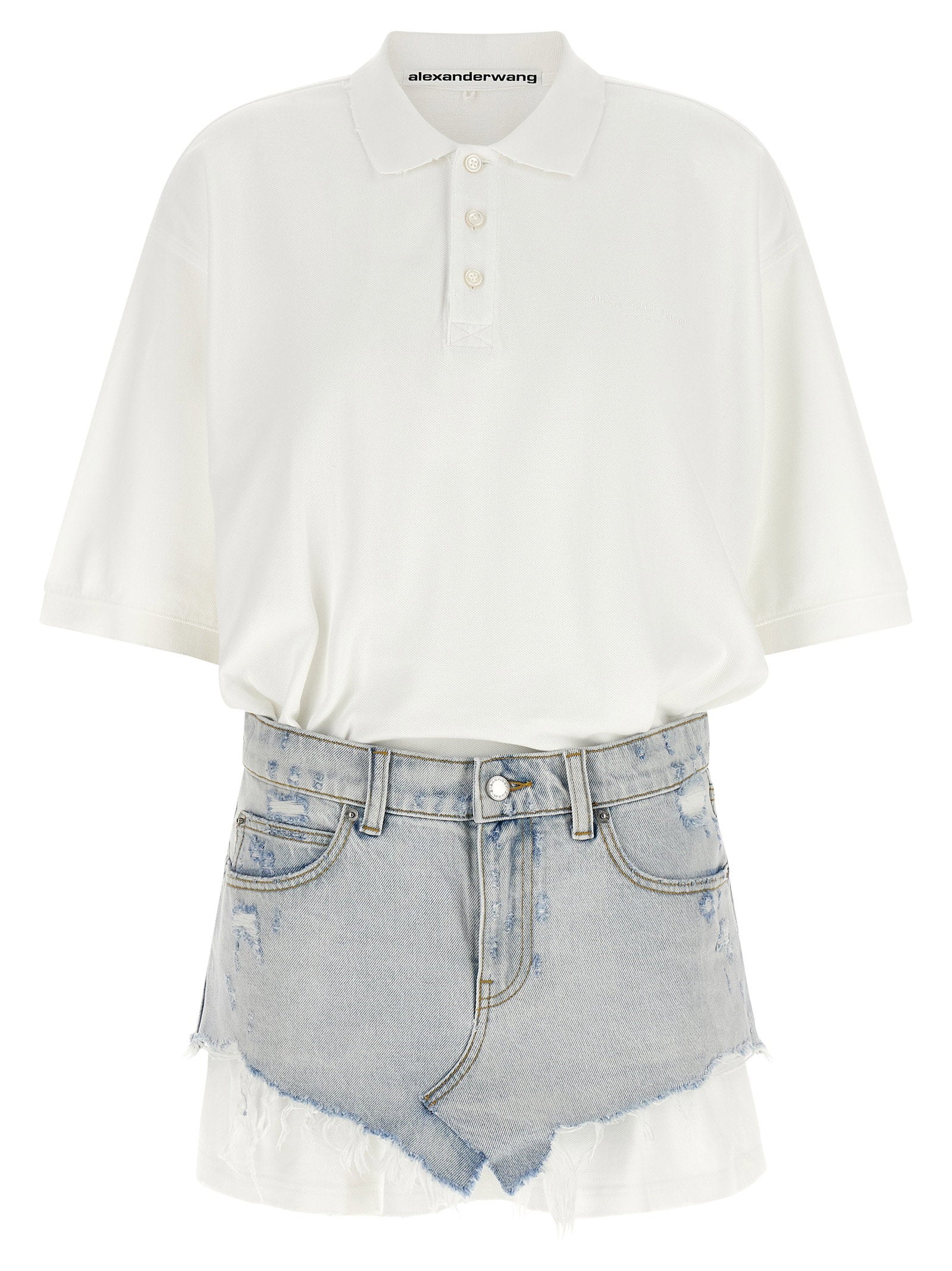 Hybrid Polo Shirt and Denim Skirt Dress — White