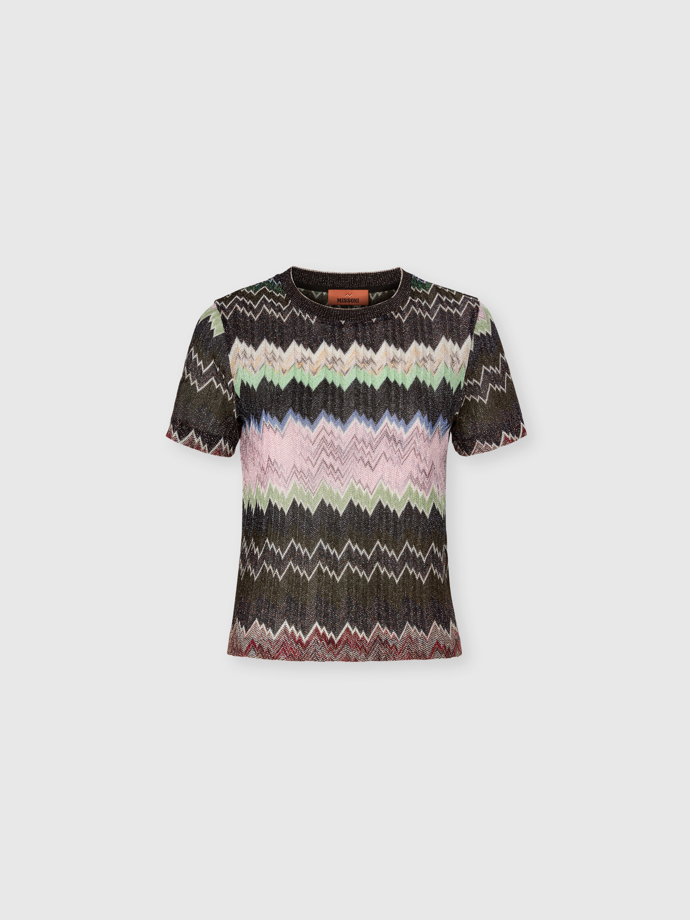 Missoni - Viscose Lamé Crewneck T-Shirt with Ribbed Collar, Women, Green& Brown