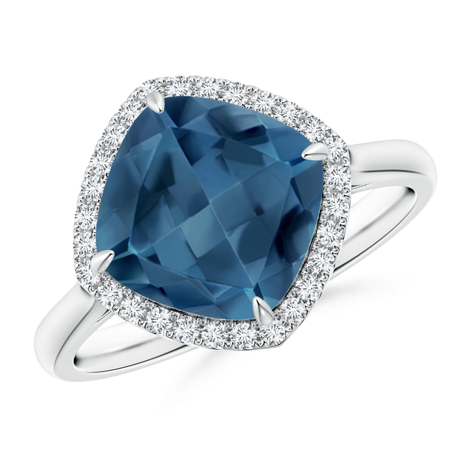 Angara 3.3 Carats Claw-Set Cushion London Blue Topaz Cocktail Halo Ring in Platinum