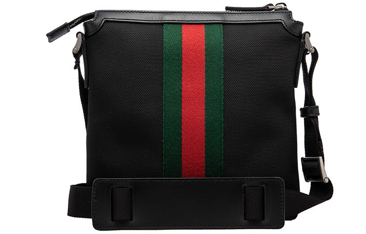 Men's Red Green Stripe Webbing Leather Logo Canvas Shoulder Messenger Bag Black