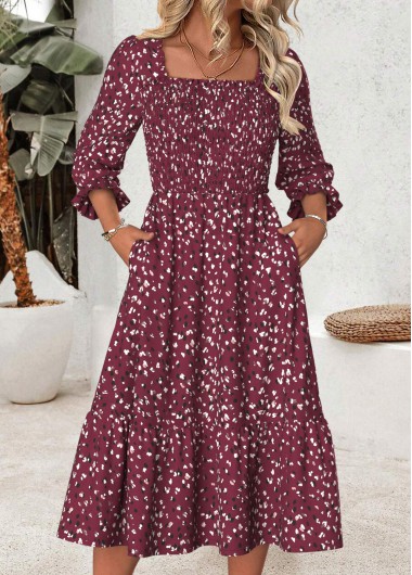 Modlily Dark Reddish Purple Tummy Coverage Leopard 3/4 Sleeve Dre