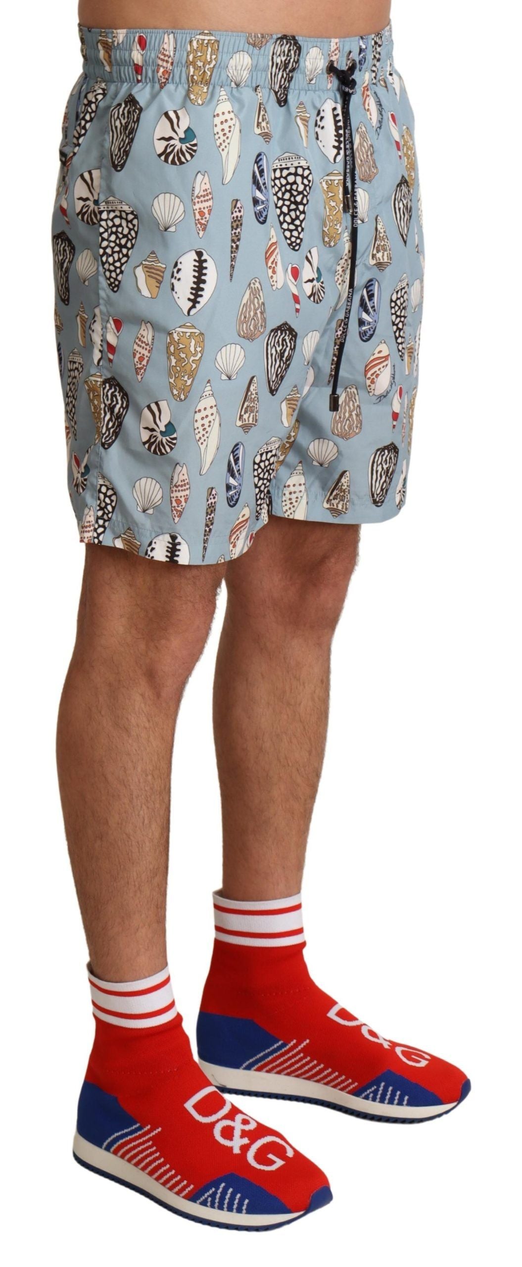 Seashell-Print Polyester Swim Shorts — Blue