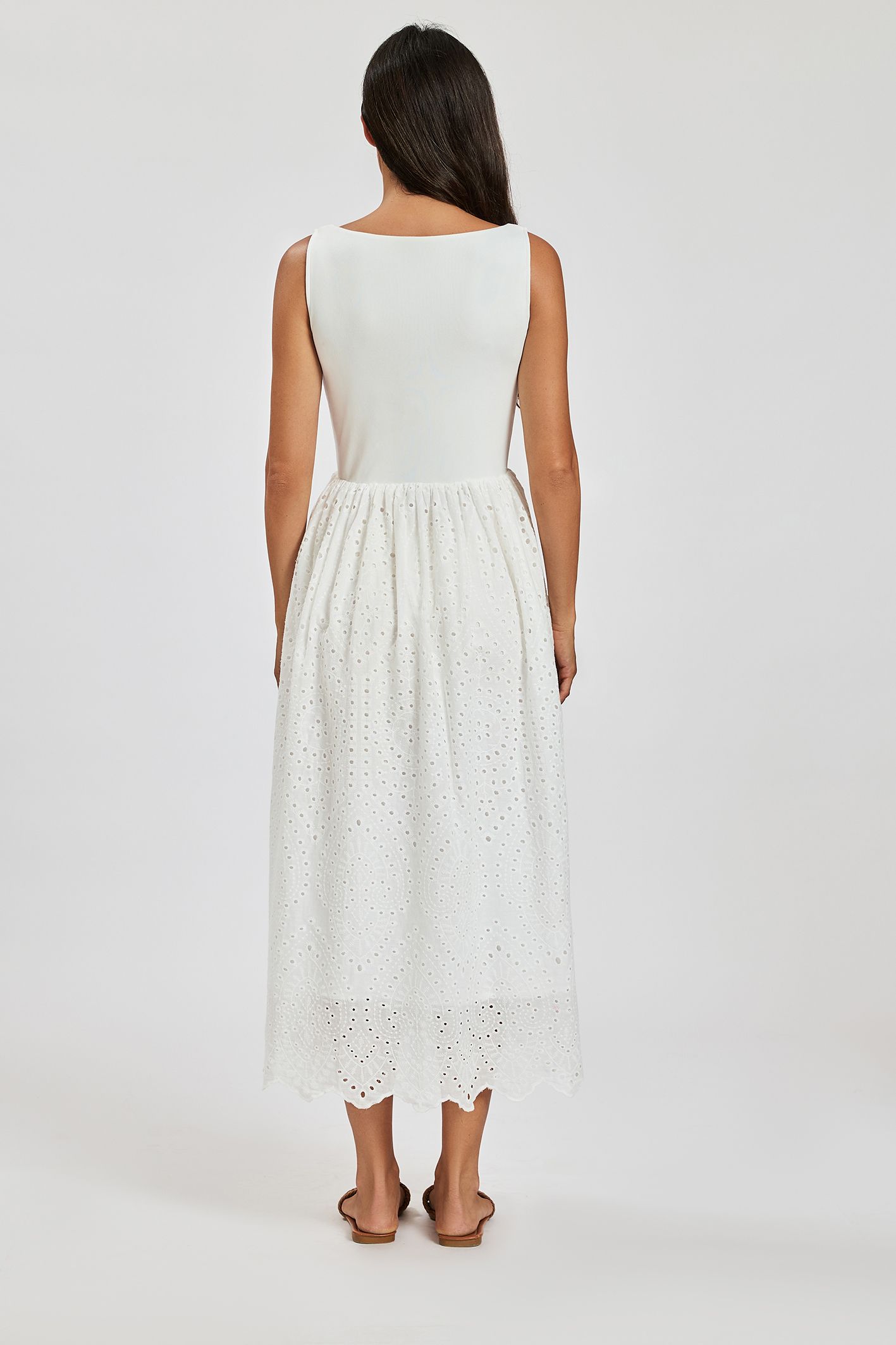FS Collection Women's Broderie Anglaise Sleeveless Midi Dress in White