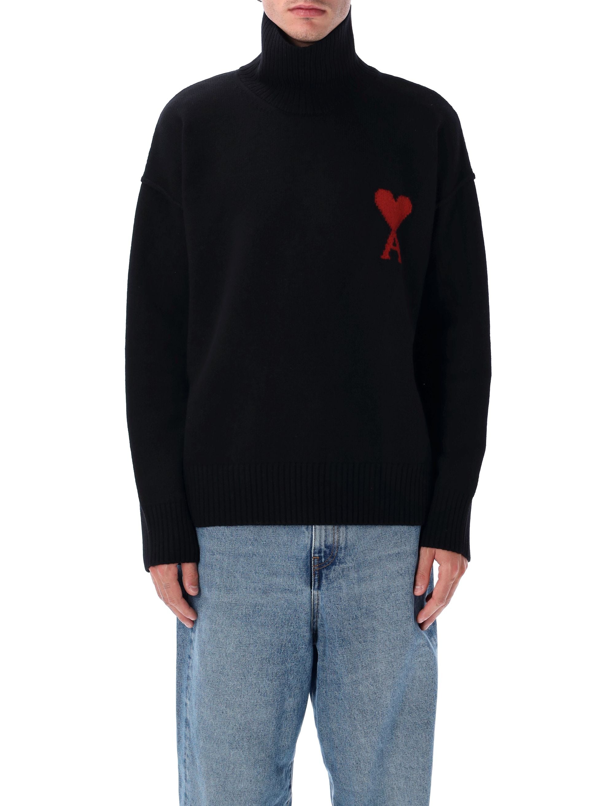 Minimalist Wool Turtleneck with Dropped Shoulders and Intarsia Chest Motif