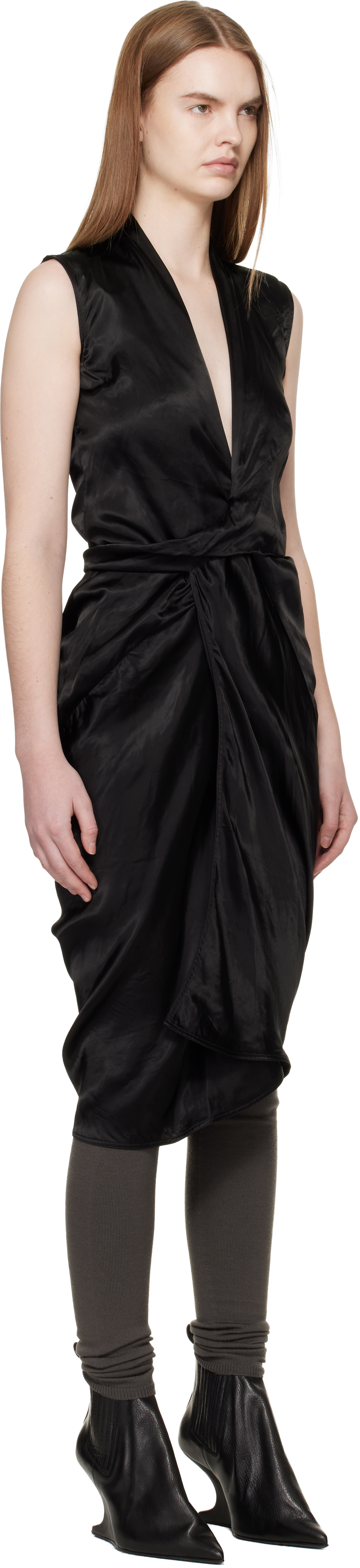 Black Temple Wrap SL Midi Dress