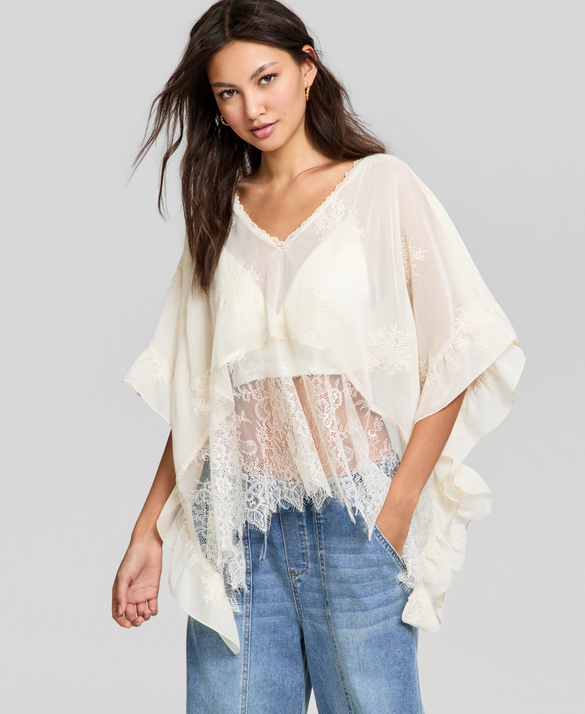 Women's Embroidered Woven Poncho, Macy's Exclusive - Ivory