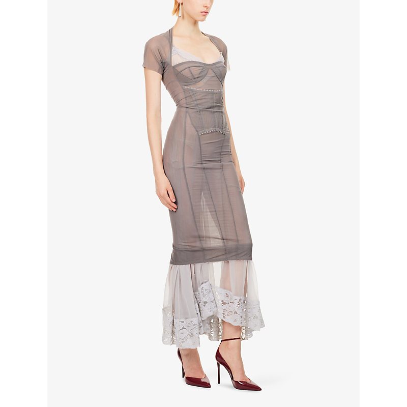 Womens Cloudy Border Short-Sleeve Stretch-Mesh Maxi Dress