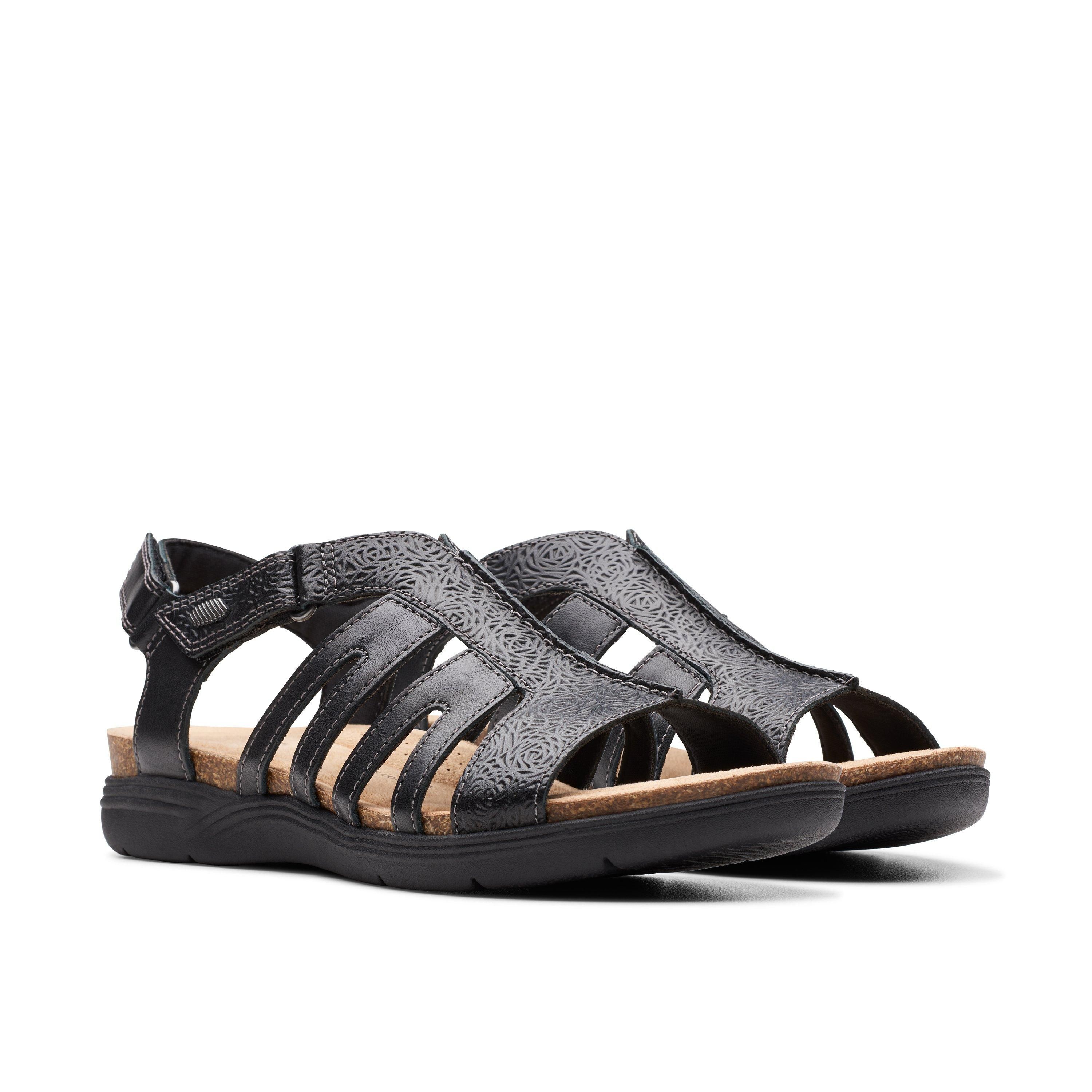 Clarks April Belle Black Leather Flat Sanda