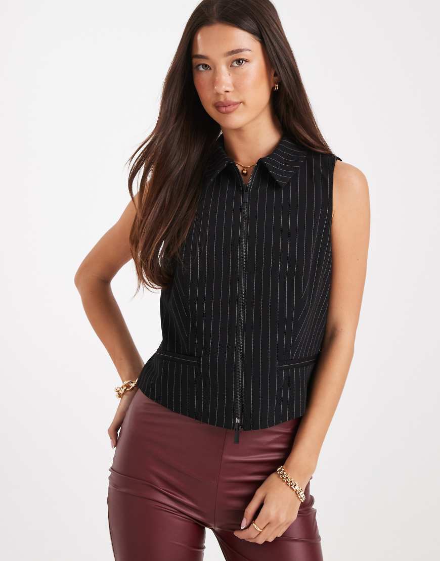 Zip through tailored waistcoat in black pinstripe-Multi