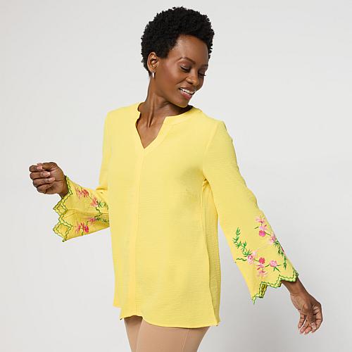 Textured Wave Knit Embroidered Bell-Sleeve Top - Yellow