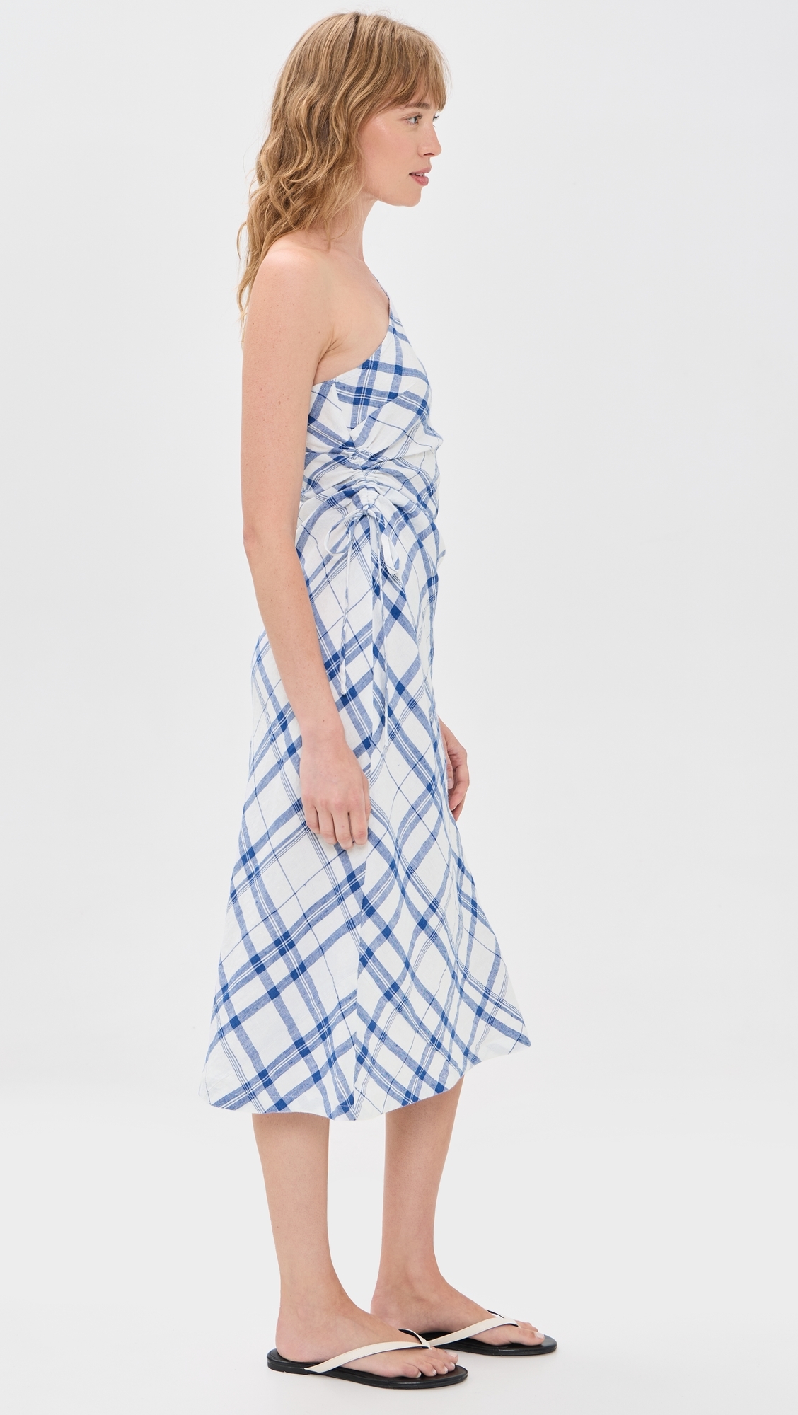 One Shoulder Plaid Maxi Dress Blue And White Plaid